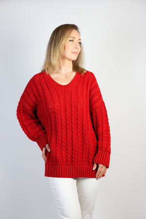 Czerwony Sweter z Eleganckim Warkoczem