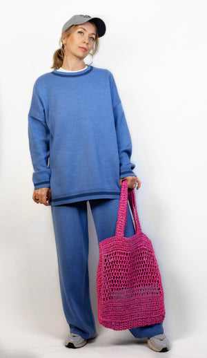 Sporty Sweater, Denim Blue, with Contrasting Neckline