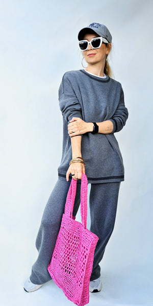 Sporty Sweater, Gray, with Contrasting Neckline