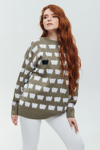 Sweter z owieczkami, Oliwkowy