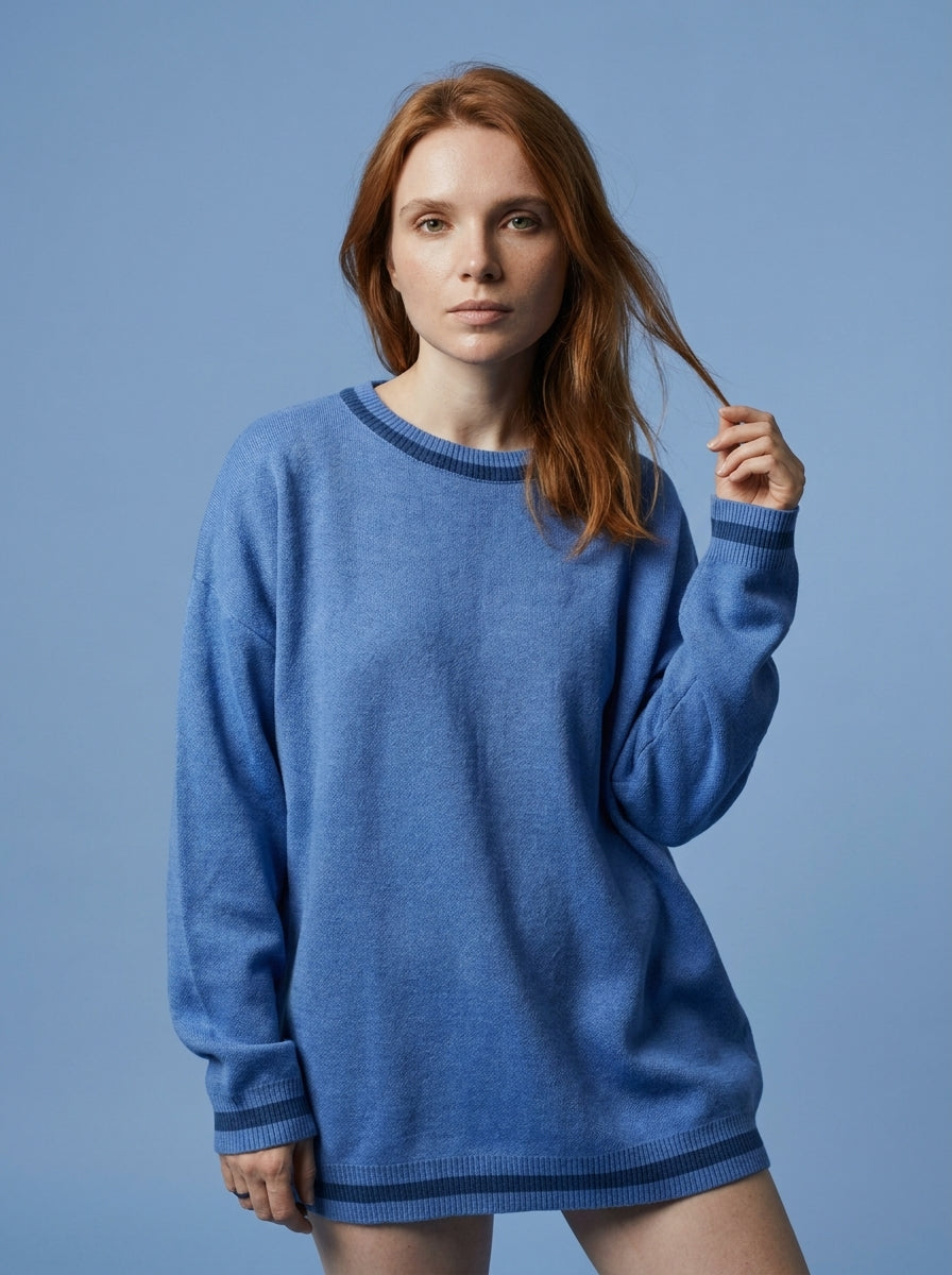 Sweter Sportowy, Błękitny, z Kontrastowym Dekoltem