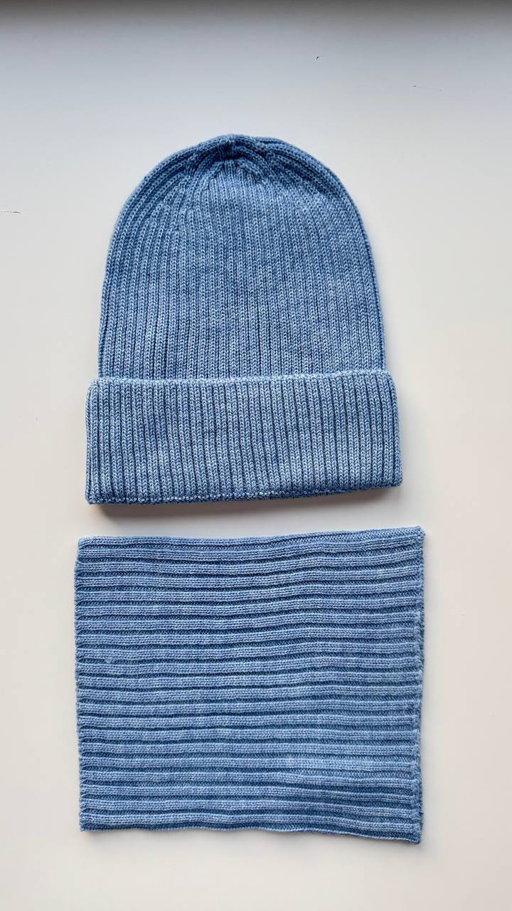 Czapka Jednowarstwowa z Wełny Merino + Komin, Niebieski - Minimalizm, Który Grzeje