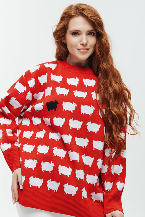 Czerwony sweter z owieczkami w stylu księżnej Diany